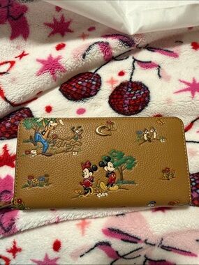 Coach Tan Leather Zip Wallet with Disney Character Print